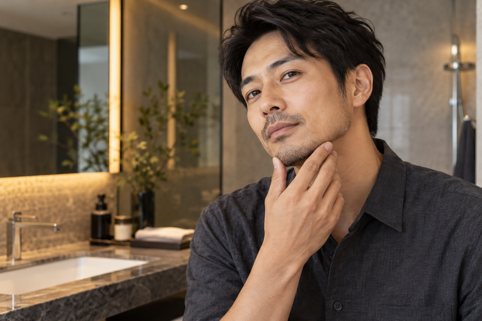 ホテルラウンジで過ごす清潔感のある大人の男性